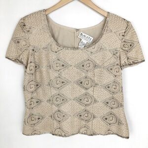 Vintage Oleg Cassini 100% Silk Beaded Embroidered Top Cream Short Sleeve Size L